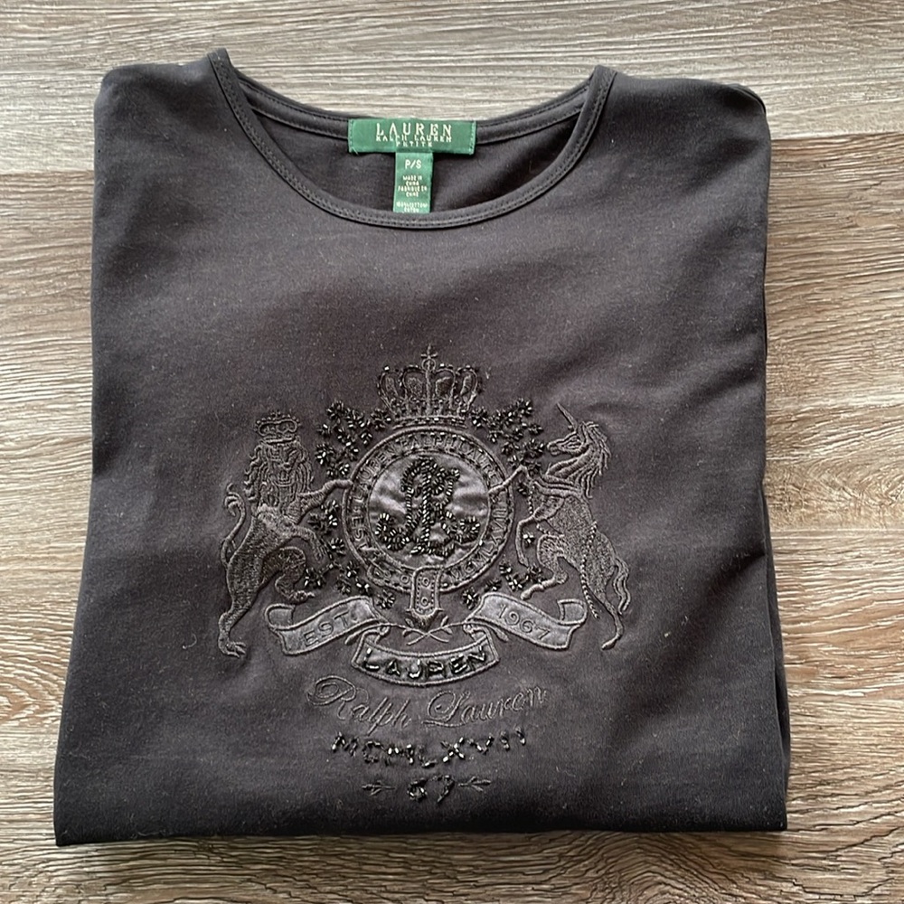 Lauren Ralph Lauren Petite Embellished Long Sleeve Crewneck Black Tshirt